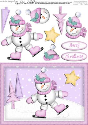 A5 Xmas Skating Snowman Quick Card N 3D Decoupage