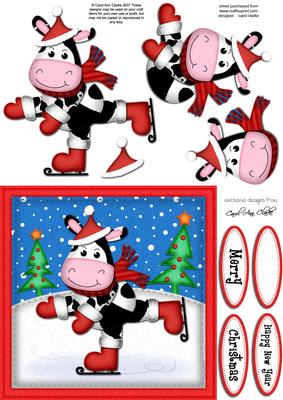 Xmas Skating Milly Moo Cow Quick Card N 3D Decoupage