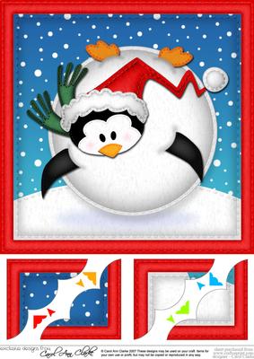 8 x 8 Xmas Oops Penguin Snowball Scalloped Corner Topper