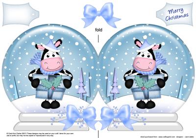 Xmas Milly Moo Cow's Present Snow Globe Shaped Card