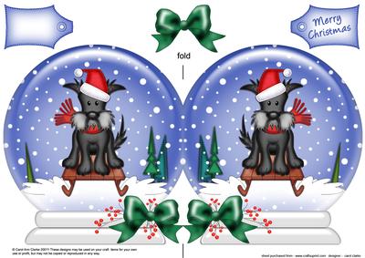 Xmas Sledging Scottie Dog Snow Globe Shaped Card