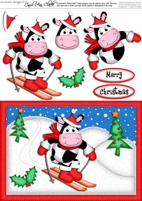 A5 Xmas Skiing Milly Moo Cow Quick Card N 3D Decoupage