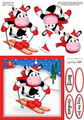 Xmas Skiing Milly Moo Cow Quick Card N 3D Decoupage