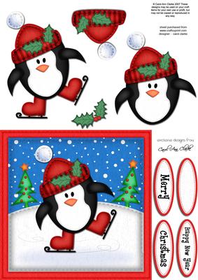 Xmas Skating Penguin Quick Card N 3D Decoupage