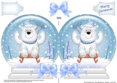 Xmas Sledging Ben Polar Bear Snow Globe Shaped Card