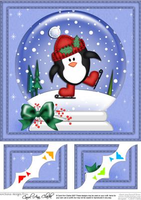 8 x 8 Xmas Skating Penguin Snowglobe Scalloped Corner