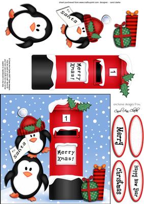 Xmas Penguins N Postbox Quick Card N 3D Decoupage