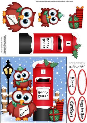 Xmas Owls N Postbox Quick Card N 3D Decoupage