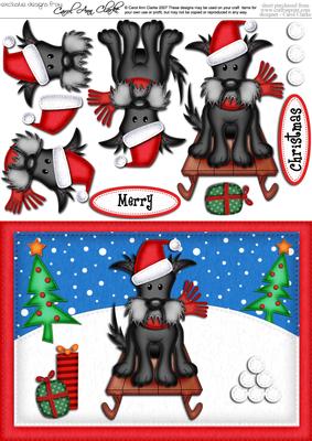 A5 Xmas Sledging Scottie Dog Quick Card N 3D Decoupage
