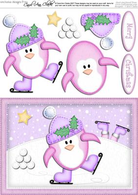 A5 Xmas Skating Penguin Quick Card N 3D Decoupage