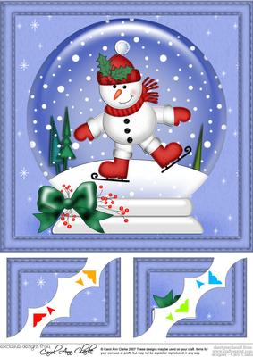 8 x 8 Xmas Skating Snowman Snowglobe Scalloped Corner