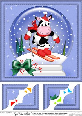 8 x 8 Xmas Skiing Milly Moo Cow Snowglobe Scalloped Corner