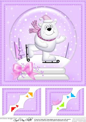 8 x 8 Xmas Skating Polar Bear Snowglobe Scalloped Corner