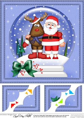 8 x 8 Xmas Santa & Rudolph Snowglobe Scalloped Corner