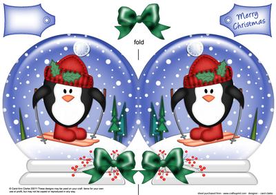 Xmas Skiing Penguin Snow Globe Shaped Card