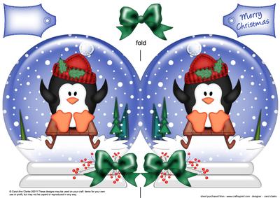 Xmas Sledging Penguin Snow Globe Shaped Card