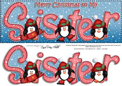 Large Dl Xmas Sister with Penguins Quick Card 3D Decoupage