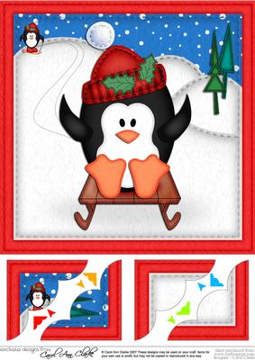 8 x 8 Xmas Sledging Penguin Snowglobe Scalloped Corner