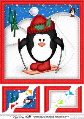 8 x 8 Xmas Skiing Penguin Snowglobe Scalloped Corner