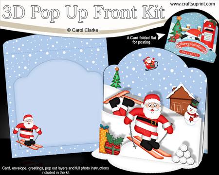3D Pop Up Front Xmas Skiing Santa Card Kit