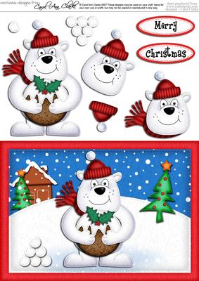 A5 Xmas Ben Polar Bear's Pudding Quick Card N 3D Decoupage