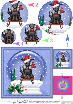 Xmas Sledging Scottie Dog Snowglobe Circle Pyramage Topper