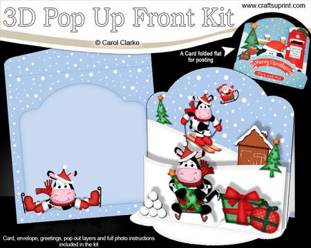 3D Pop Up Front Xmas Sledging Milly Moo Cow Card Kit