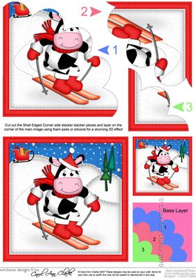 Xmas Skiing Milly Moo Cow Shell Edged Corner Side Stacker