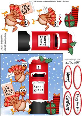 Xmas Percy Turkey N Postbox Quick Card N 3D Decoupage