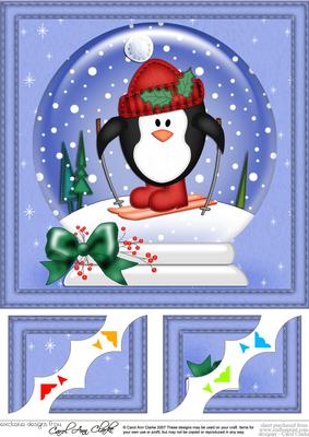 8 x 8 Xmas Skiing Penguin Snowglobe Scalloped Corner