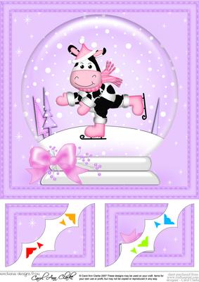 8 x 8 Xmas Skating Milly Moo Cow Snowglobe Scalloped Corner