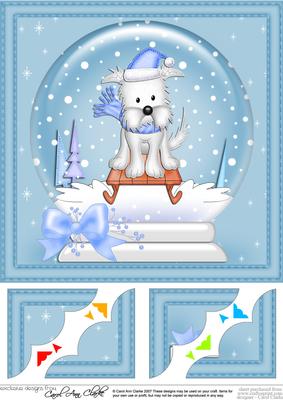 8 x 8 Xmas Sledging Westie Dog Snowglobe Scalloped Corner