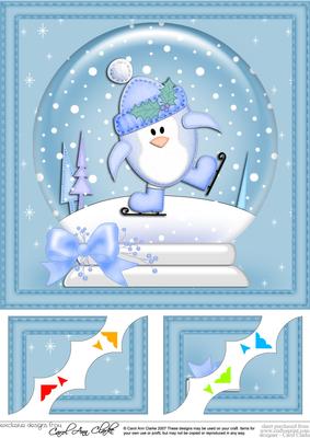 8 x 8 Xmas Skating Penguin Snowglobe Scalloped Corner