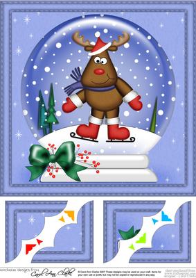 8 x 8 Xmas Skating Rudolph Snowglobe Scalloped Corner