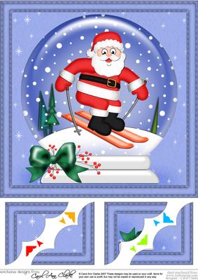 8 x 8 Xmas Skiing Santa Snowglobe Scalloped Corner