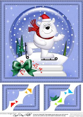 8 x 8 Xmas Skating Polar Bear Snowglobe Scalloped Corner