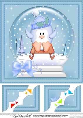 8 x 8 Xmas Sledging Penguin Snowglobe Scalloped Corner