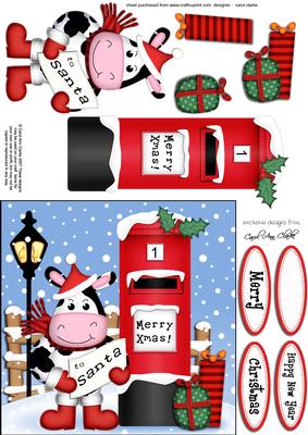Xmas Milly Moo Cow N Postbox Quick Card N 3D Decoupage