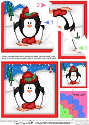 Xmas Skiing Penguin Shell Edged Corner Side Stacker