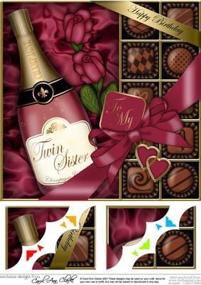 8x8 Birthday Twin Sister Champers N Chocs Scalloped Corner