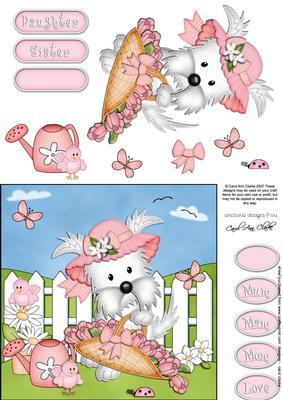 Westie Dog's Bonnet & Basket Quick Card & 3D Decoupage