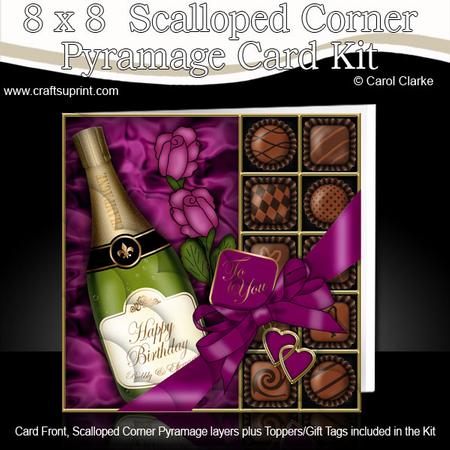 8 x 8 Birthday Champers Chocs & Roses Scalloped Corner Kit