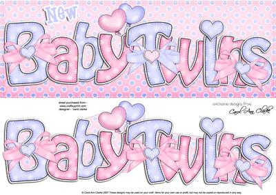 Large Dl New Baby Twins Felties Card & 3D Decoupage