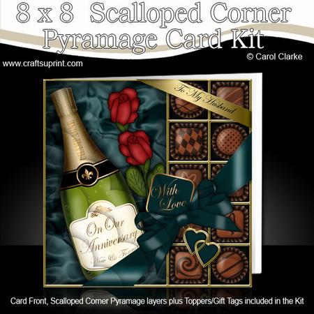 8 x 8 Husband Anniv Champers Chocs N Roses Scalloped Corner