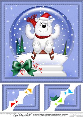 8 x 8 Xmas Sledging Polar Bear Snowglobe Scalloped Corner