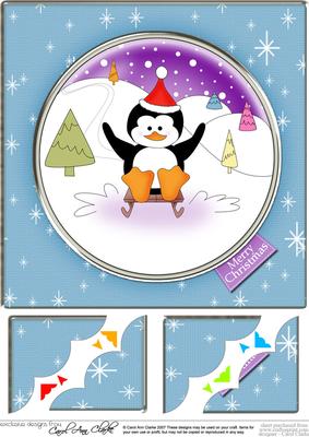 8 x 8 Xmas Sledging Penguin Scalloped Corner Topper