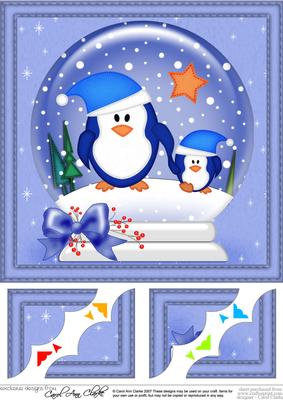 8 x 8 Xmas Penguins Snowglobe Scalloped Corner
