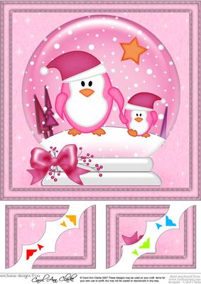 8 x 8 Xmas Penguins Snowglobe Scalloped Corner