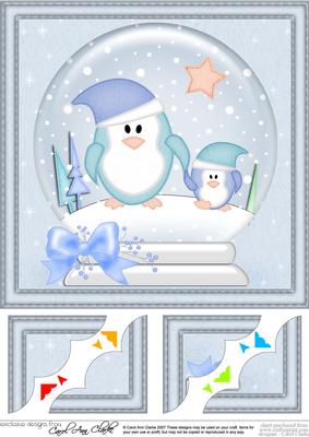 8 x 8 Xmas Penguins Snowglobe Scalloped Corner