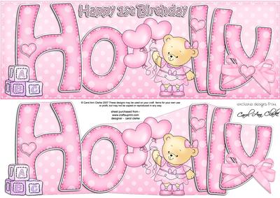Large Dl 1st Birthday Holly Teddy Quick Card N 3D Decoupage